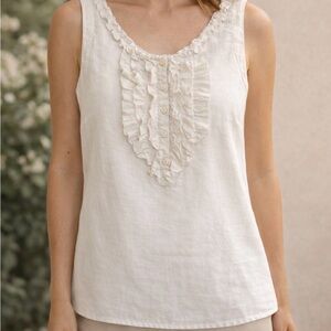 August Silk Linen Sleeveless Blouse White Ruffle Front Button Top Size L
